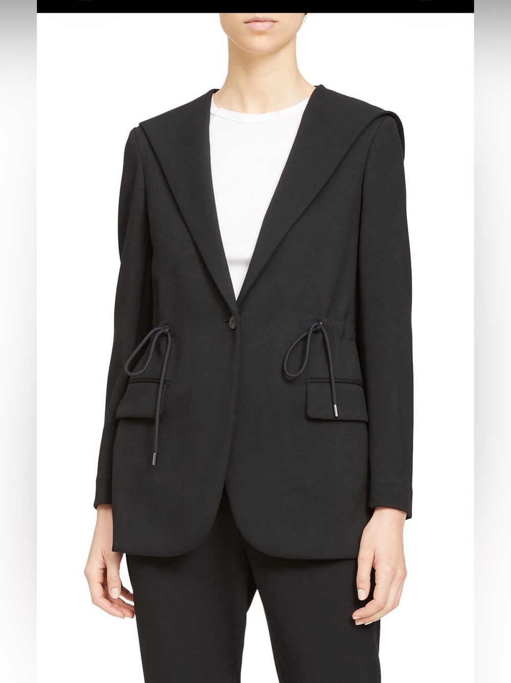 Theory Women M Black Hooded Drape Blazer Drawstring Waist Stretch Knit Jacket